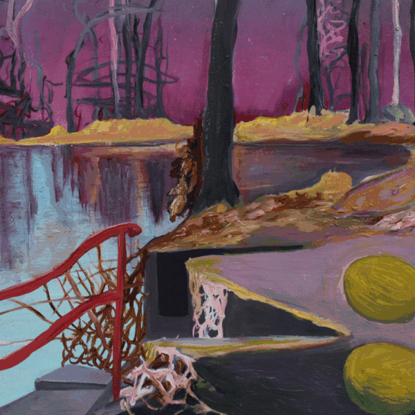 "Forandring" 50 x 60 et oliemaleri på lærred. Lilla, blå, lysrød og gule farver. Et maleri til refleksion, Cirklen er med som form.