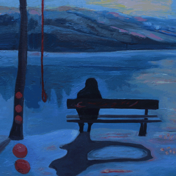 "Ny begyndelse" olie 80 x 80. Et oliemaleri i blåtoner. Spejlinger og skygger, en person på en bænk. Et maleri til reflektion.