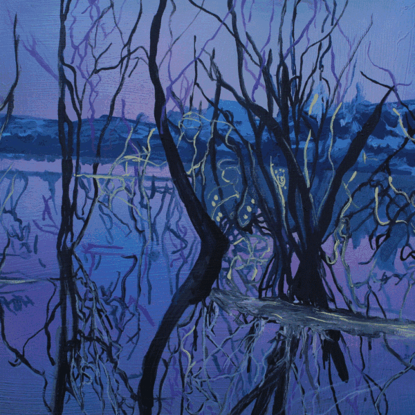 "Fuglene synger i dag" 60 x 70 et akryl maleri på lærred. Blåfarver, spejlinger af træ. Et maleri til fordybelse