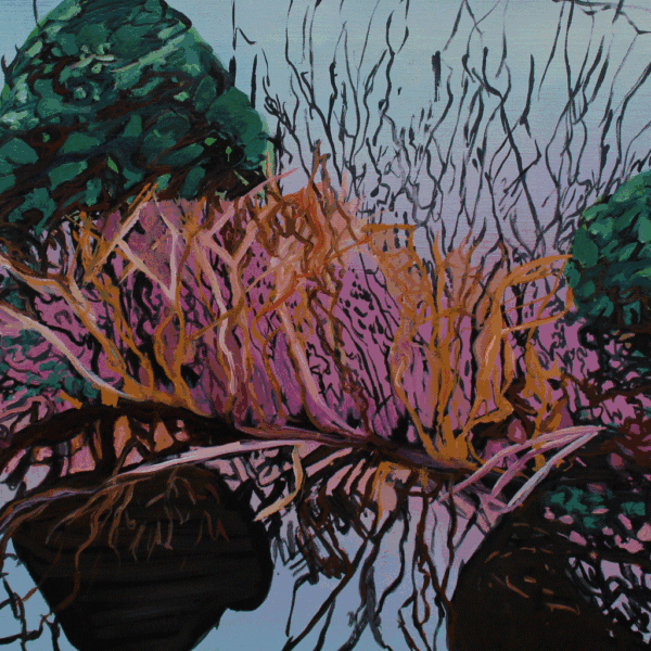 Kik i dybet, olie 50 x 66 Et oliemaleri på lærred i nyanserne af farverne blå, grøn lyserød, orange og mørk brun.