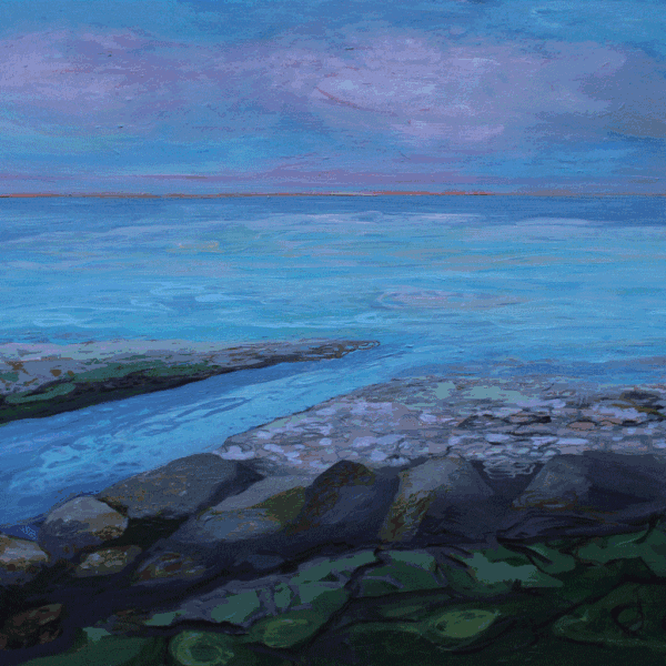 "Tidevand" olie 80 x 100, et maleri med vand og himmel, blå, grøn og bruntoner