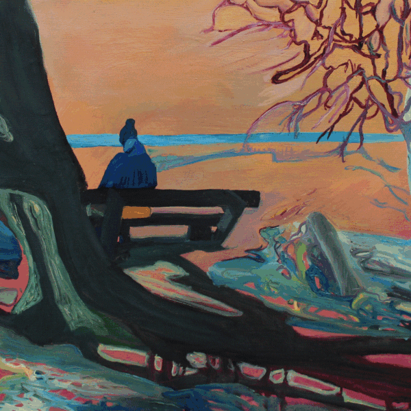 "Udsyn" 50 x 60 , et oliemaleri på lærred. Gule ´, blå, grøn, og røde nuancér. Et maleri til reflektion