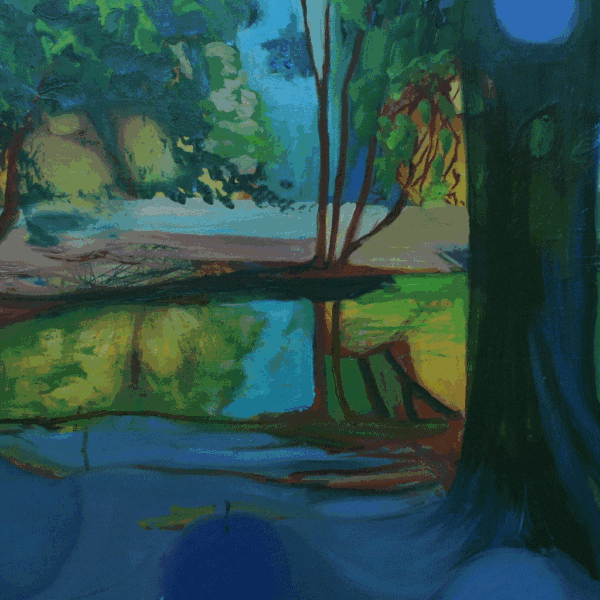 "Vist træ kunne tale" olie 70 x 70 Et oliemaleri med en skov sø, der er cirkler i landskabet. Et maleri til fordybelse