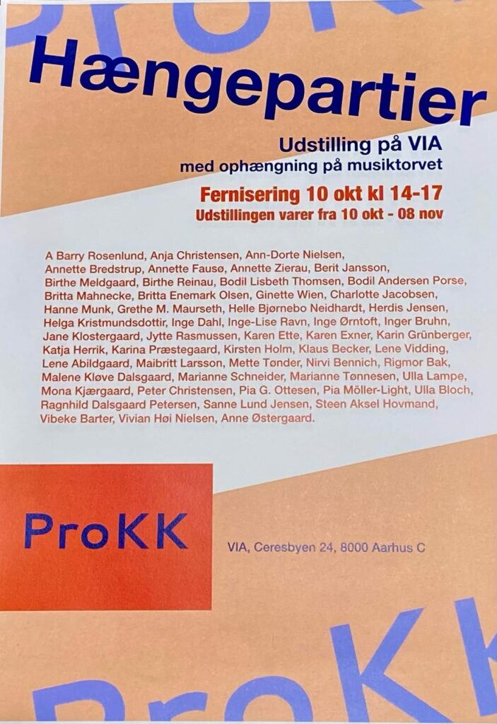 Udstillingen Hængepartier i regi af ProKK, forenigen for professionelle kunstnere og kunsthåndtværkere. Fernisering torsdag 10. oktober kl 14-17, Velkommen!